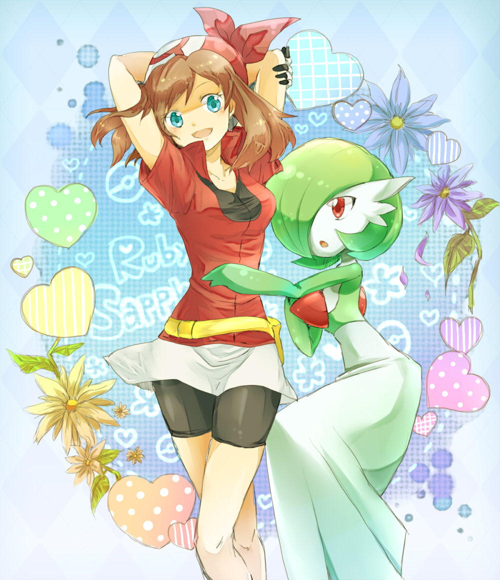 00s, 2girls, bandana, bike_shorts, blue_eyes, breasts, brown_hair, character_name, copyright_name, floral_background, flower, gardevoir, gen_3_pokemon, heart, heart_background, may_(pokemon), multiple_girls, nago_celica, nagocelica, nintendo, pokemon, pokemon_(creature), pokemon_ruby/sapphire/emerald, pouch, small_breasts