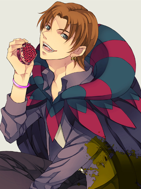 1boy, brown_hair, cosplay, earrings, fate/zero, fate_(series), food, fruit