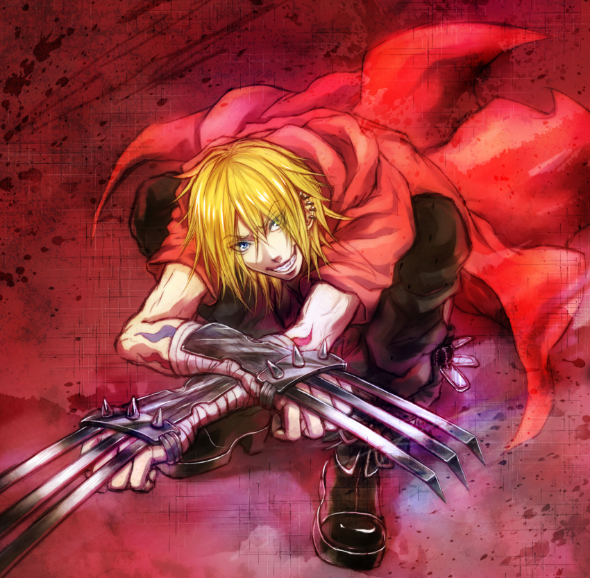 1boy, blonde_hair, blue_eyes, boots, cargo_pants, claws, gunji, highres, hood, hoodie, jacket, lira_mist, male_focus, pants, red_jacket, solo, squatting, togainu_no_chi