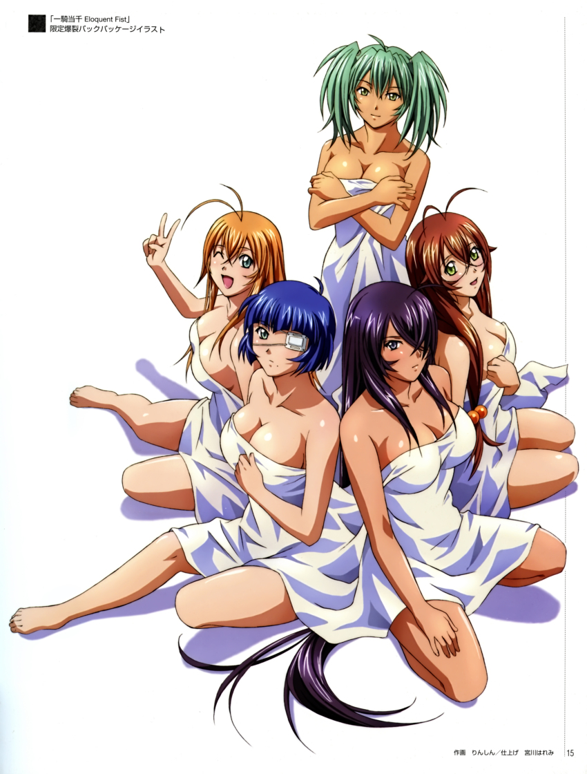 00s, 5girls, ;d, absurdres, ahoge, antenna_hair, aqua_eyes, artist_name, bare_shoulders, barefoot, bed_sheet, blue_eyes, blue_hair, bob_cut, breasts, brown_hair, cleavage, collarbone, copyright_name, crossed_arms, eyepatch, feet, glasses, green_eyes, green_hair, hair_between_eyes, hair_bobbles, hair_ornament, hair_over_one_eye, hair_over_shoulder, hand_on_own_thigh, highres, ikkitousen, ikkitousen_eloquent_fist, kan'u_unchou, kneeling, large_breasts, long_hair, looking_at_viewer, low-tied_long_hair, mole, multiple_girls, naked_sheet, neck, official_art, one_eye_closed, open_mouth, orange_hair, purple_hair, rin-sin, ryofu_housen, ryomou_shimei, ryuubi_gentoku, scan, scrunchie, seiza, short_hair, short_twintails, sideboob, sidelocks, simple_background, sitting, smile, sonsaku_hakufu, spread_legs, tan, taut_clothes, twintails, v, very_long_hair, white_background, wink, yellow_eyes, yokozuwari