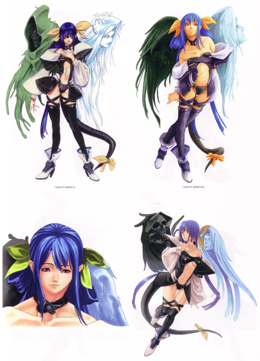 1girl, absurdres, arc_system_works, artbook, asymmetrical_wings, blue_hair, boots, choker