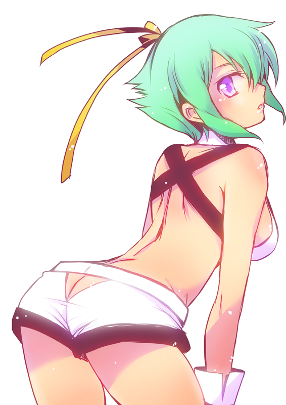 10s, 1girl, aquarion_(series), aquarion_evol, ass, bad_id, bad_pixiv_id, breasts, butt_crack, female_focus, from_behind, green_hair, halogen_heater, looking_back, nika_(intention), purple_eyes, short_hair, short_shorts, shorts, simple_background, solo, white_background, zessica_wong