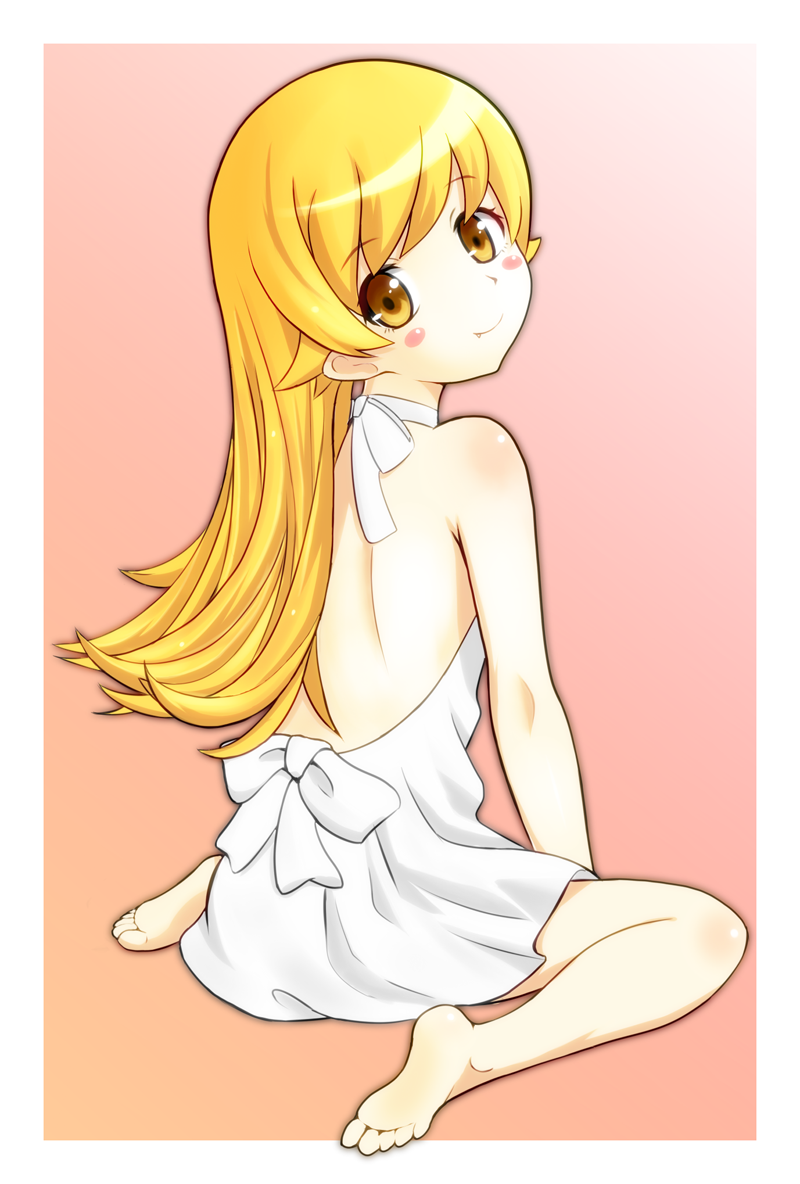 1girl, back, backless_dress, backless_outfit, bare_shoulders, barefoot, blonde_hair, blush_stickers