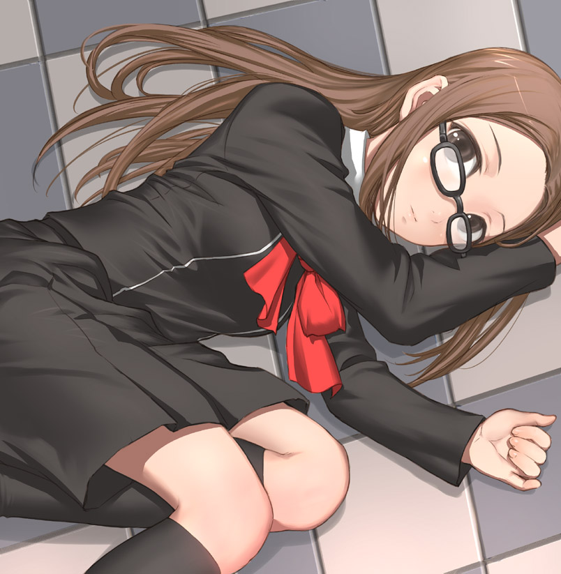 1girl, atlus, bow, female_focus, fushimi_chihiro, glasses, lying, persona, persona_3, plastic_girl, ribbon, skirt, solo, uni_(plastic_girl)