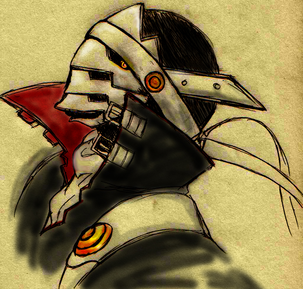 atlus, creature, helmet, izanagi_(persona_4), looking_up, no_humans, persona, persona_4, profile, red_eyes, side_ponytail, solo, suzushoku_hiro