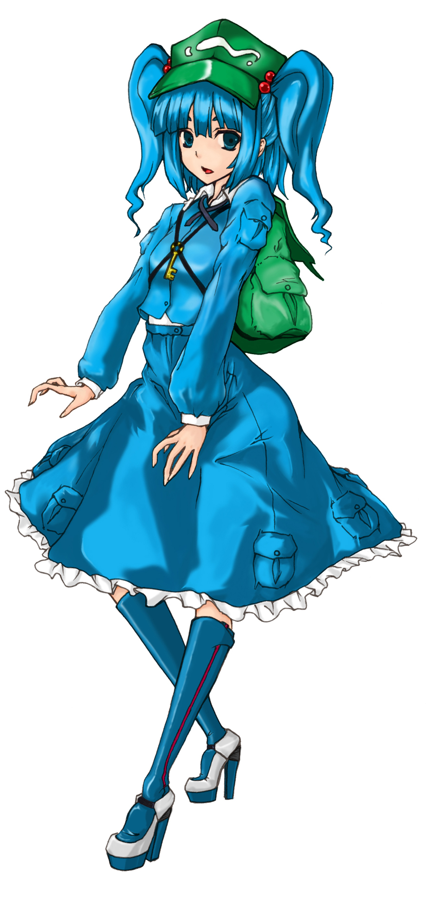 1girl, blue_boots, blue_eyes, blue_hair, boots, colorized, female_focus, green_hat, hair_bobbles, hair_ornament, hat, high_heels, highres, kawashiro_nitori, key, looking_at_viewer, matching_hair/eyes, solo, suzushoku_hiro, touhou, twintails, two_side_up