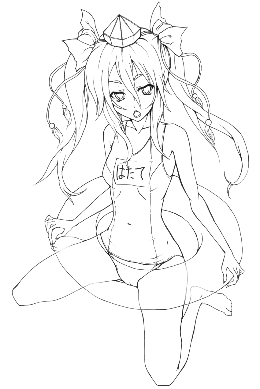 1girl, absurdres, barefoot, female_focus, greyscale, highres, himekaidou_hatate, innertube, lineart, monochrome, one-piece_swimsuit, school_swimsuit, sitting, solo, suzushoku_hiro, swim_ring, swimsuit, touhou, twintails, wariza