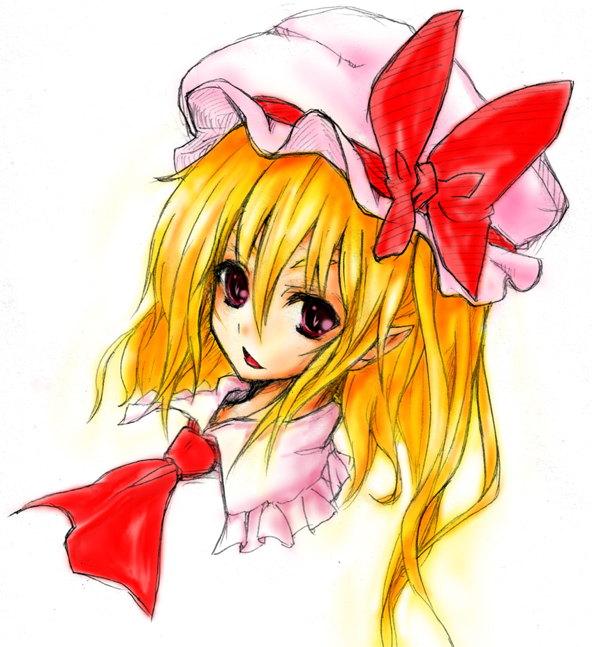 1girl, blonde_hair, collared_shirt, embodiment_of_scarlet_devil, female_focus, flandre_scarlet, hair_between_eyes, hat