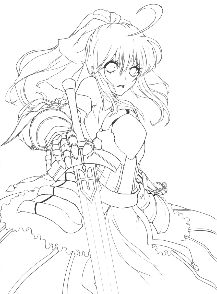 1girl, absurdres, ahoge, armor, armored_dress, artoria_pendragon_(fate), bare_shoulders, bow