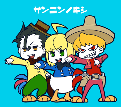 1girl, 2boys, ahoge, artoria_pendragon_(fate), bad_id, bad_pixiv_id, black_hair, blonde_hair, brazil, chibi, colored_skin, cosplay, crossover, diarmuid_ua_duibhne_(fate), diarmuid_ua_duibhne_(lancer)_(fate), disney, donald_duck, donald_duck_(cosplay), fate/zero, fate_(series), gilgamesh_(fate), green_eyes, hat, jose_carioca, jose_carioca_(cosplay), lowres, mexico, mickey_mouse_&amp;_friends, multiple_boys, name_connection, nanakamado1, obuchi_(nanakamado1), panchito_pistoles, panchito_pistoles_(cosplay), pun, red_eyes, saber_(fate), simple_background, sombrero, the_three_caballeros, translated, united_states, white_skin, yellow_eyes