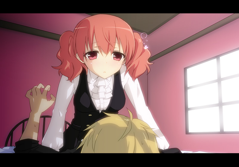 10s, 1boy, 1girl, bed, blonde_hair, couple, dress, girl_on_top, hetero, inu_x_boku_ss, letterboxed, lying, nagisa_manoa, on_back, on_bed, open_mouth, pink_eyes, pink_hair, roromiya_karuta, school_uniform, twintails, watanuki_banri, window