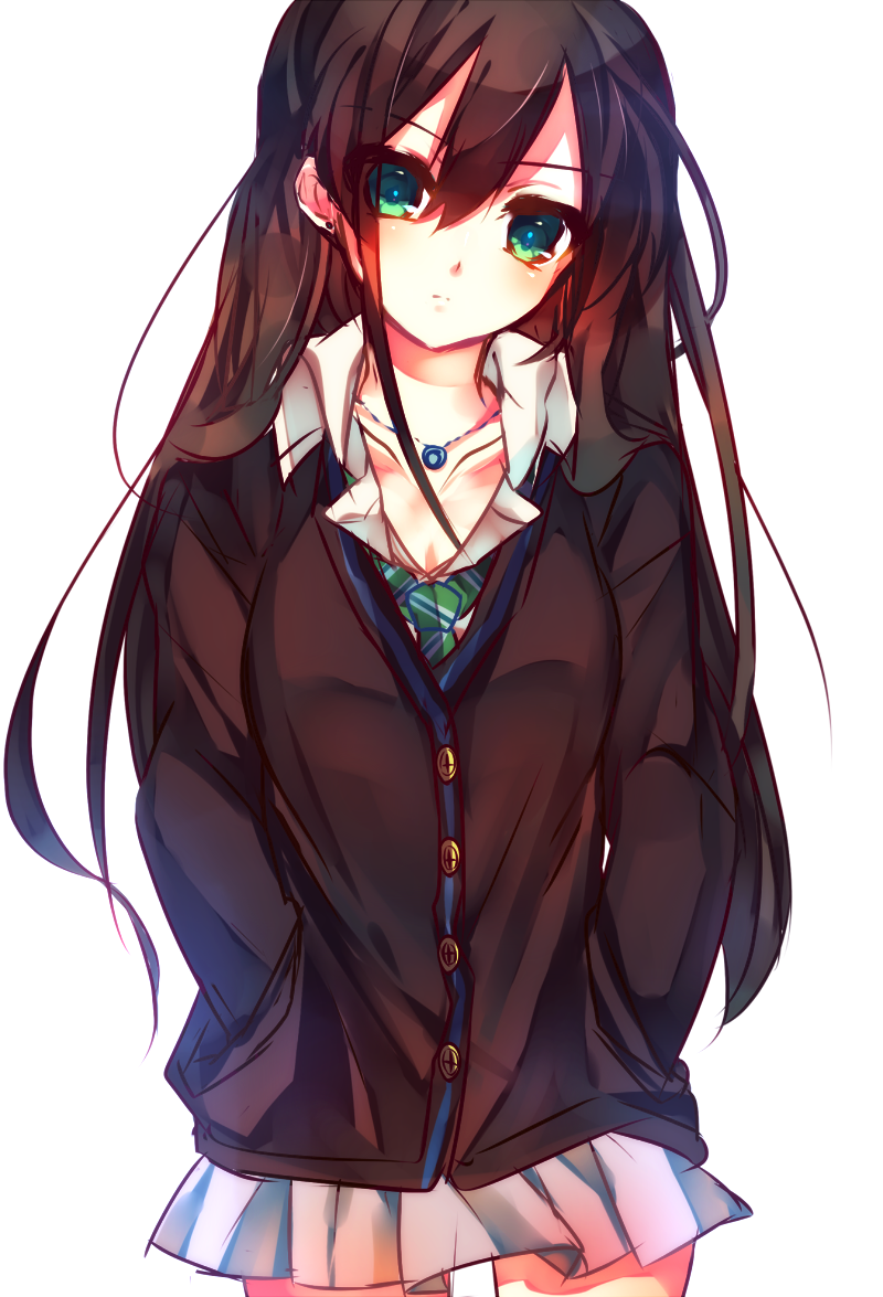 10s, 1girl, bad_id, bad_pixiv_id, brown_hair, cardigan, earrings, female_focus