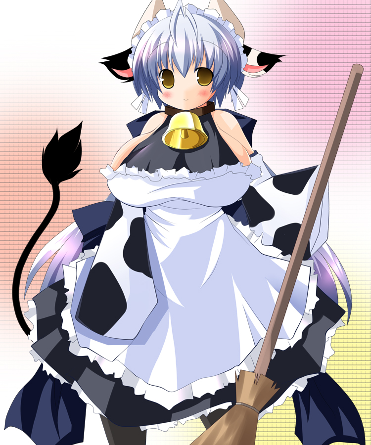 1girl, animal_ears, bell, blue_hair, breasts, broom, cow, cow_ears, cow_girl, cow_tail, female_focus, horns, hotaru-mia, huge_breasts, long_hair, maid, maid_headdress, mimisuke_(mim'im), original, pantyhose, scarf, sideboob, skirt, solo, standing, tail, yellow_eyes