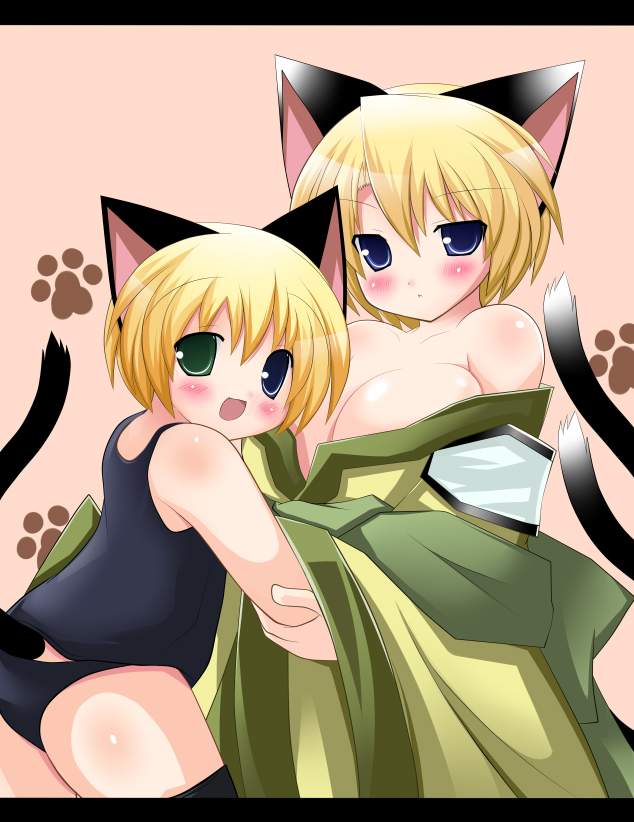 2girls, animal_ears, bakeneko, bare_shoulders, blonde_hair, blue_eyes, breasts, cat_ears