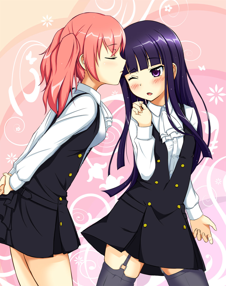 10s, 2girls, black_legwear, blush, cla_(torinabe), closed_eyes, garter_straps, inu_x_boku_ss