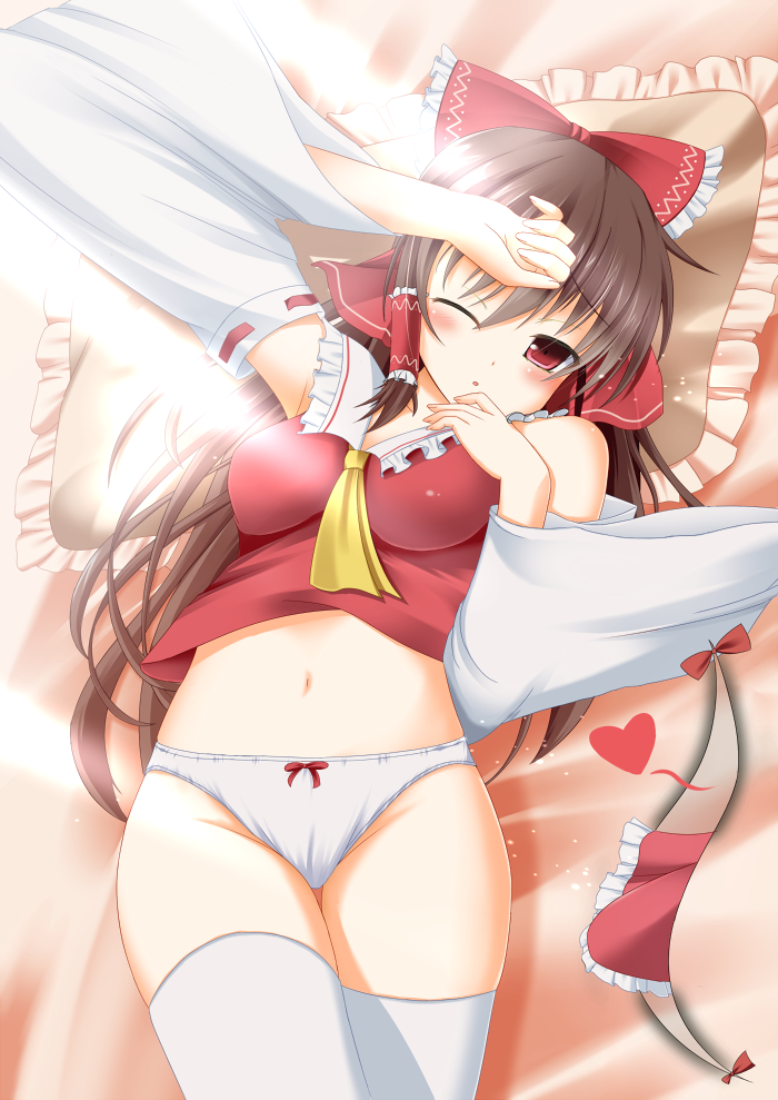1girl, ascot, bare_shoulders, blush, bow, bow_panties, breasts, brown_hair, detached_sleeves, female_focus, gap_(touhou), hair_bow, hair_tubes, hakurei_reimu, heart, impossible_clothes, japanese_clothes, long_hair, lying, miko, navel, no_pants, on_back, panties, red_eyes, solo, sunlight, takataka, thighhighs, touhou, underwear, white_panties, white_thighhighs, wide_sleeves, wince