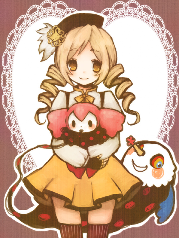 10s, 1girl, 1st-mn, blonde_hair, bow, bowtie, charlotte_(madoka_magica), drill_hair