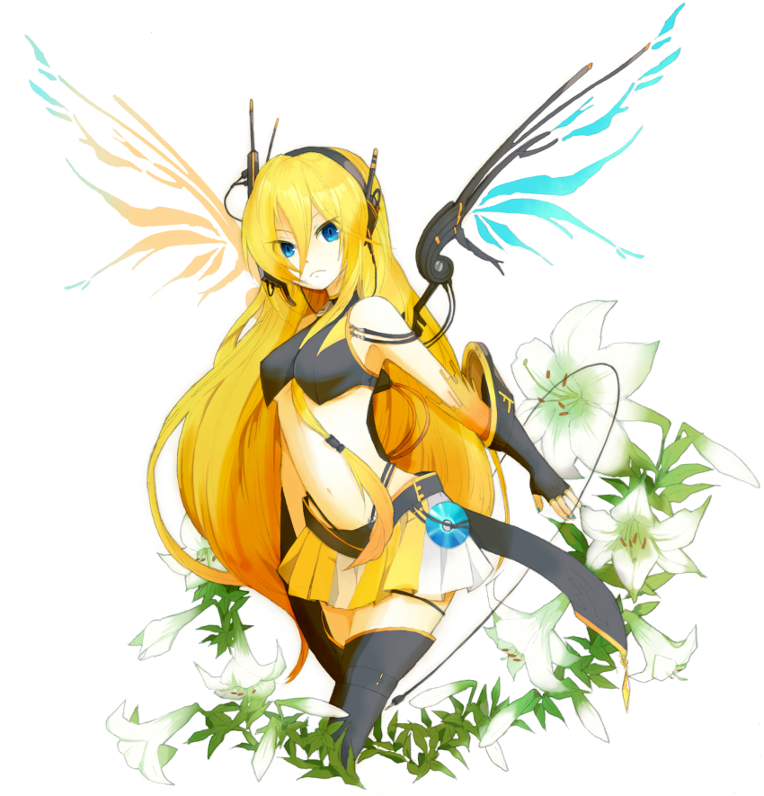 1girl, black_thighhighs, blonde_hair, blue_eyes, elbow_gloves, female_focus, fingerless_gloves, flower