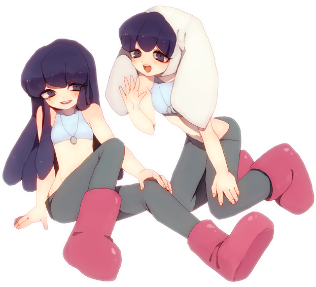 00s, 2girls, animal_hat, chroniko, crop_top, dual_persona, hat, jewelry