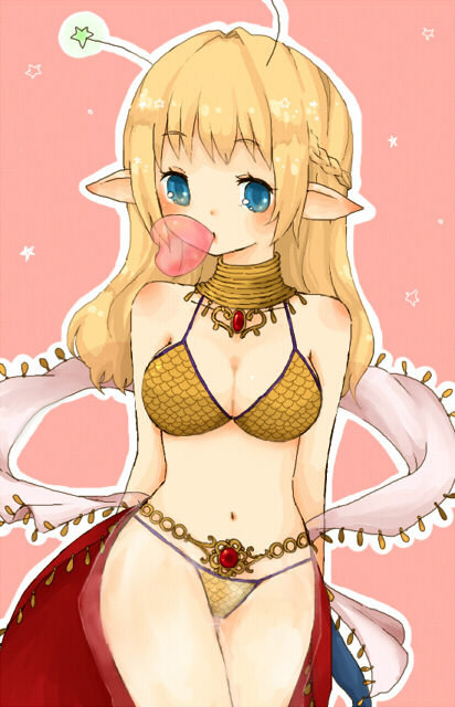 1girl, 1st-mn, antennae, arms_behind_back, bare_shoulders, bikini, blonde_hair, blowing_bubble_gum