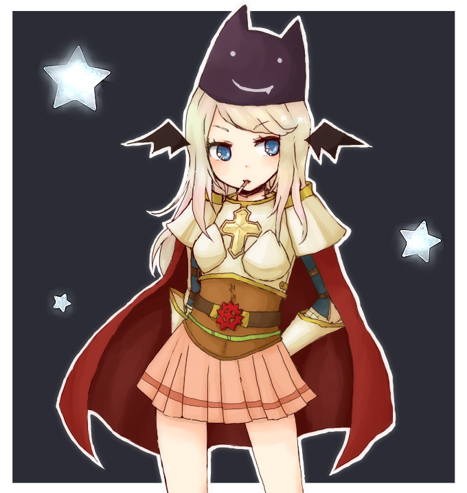 1girl, 1st-mn, arms_behind_back, blonde_hair, blue_background, blue_eyes, cigarette, cross