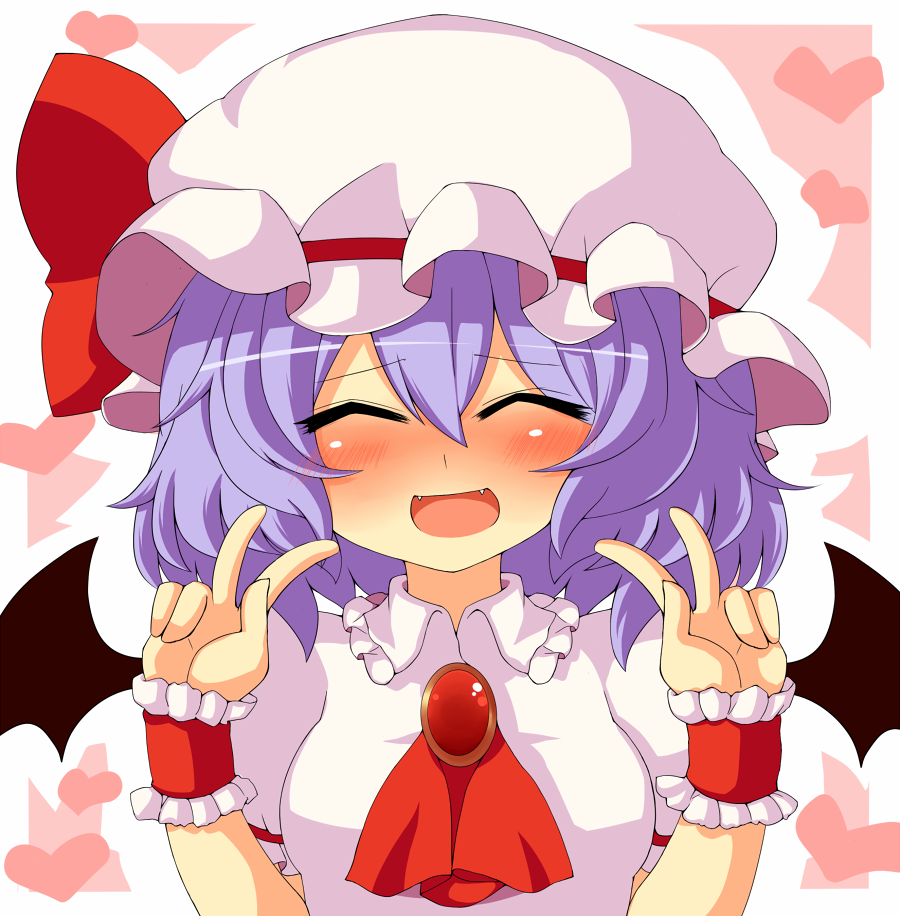 1girl, :d, ^_^, arms_up, ascot, bat_wings, blush, brooch