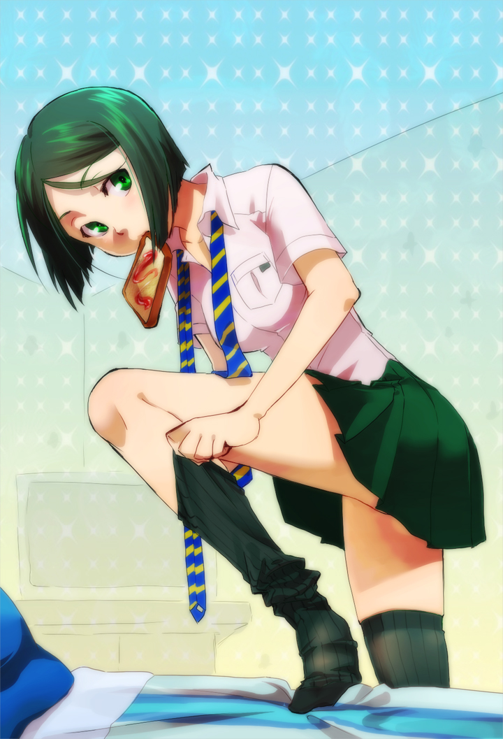 1girl, adjusting_clothes, bad_id, bad_pixiv_id, bob_cut, bread, bread_slice, dressing, fate/zero, fate_(series), female_focus, food, food_in_mouth, genderswap, genderswap_(mtf), green_eyes, green_hair, komio_(do@ho), matching_hair/eyes, mouth_hold, necktie, pleated_skirt, school_uniform, sensha_otoko, short_hair, skirt, solo, striped_clothes, striped_thighhighs, thighhighs, toast, toast_in_mouth, vertical-striped_clothes, vertical-striped_thighhighs, waver_velvet, waver_velvet_(sensha_otoko)