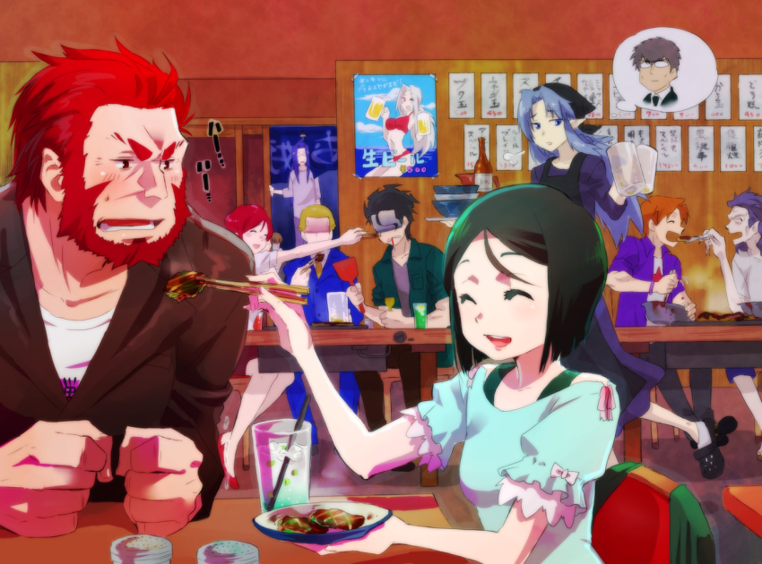 3girls, 6+boys, ^_^, ahoge, bad_id, bad_pixiv_id, bikini, black_headscarf