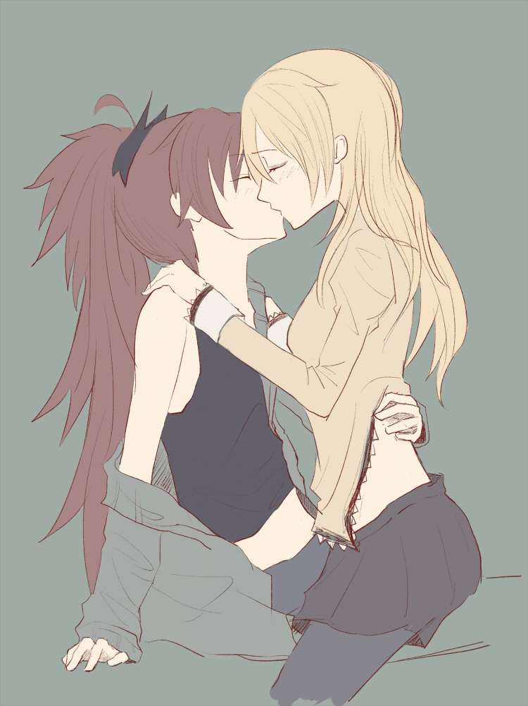 10s, 2girls, alternate_hairstyle, blonde_hair, closed_eyes, clothes_lift, female_focus, grey_background