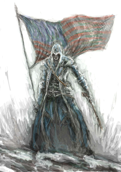 1boy, american_flag, assassin's_creed, assassin's_creed_(series), assassin's_creed_3, assassin's_creed_iii, bom, connor_(assassin's_creed), image_sample, male_focus, pixiv_sample, resized, solo, tomahawk, united_states