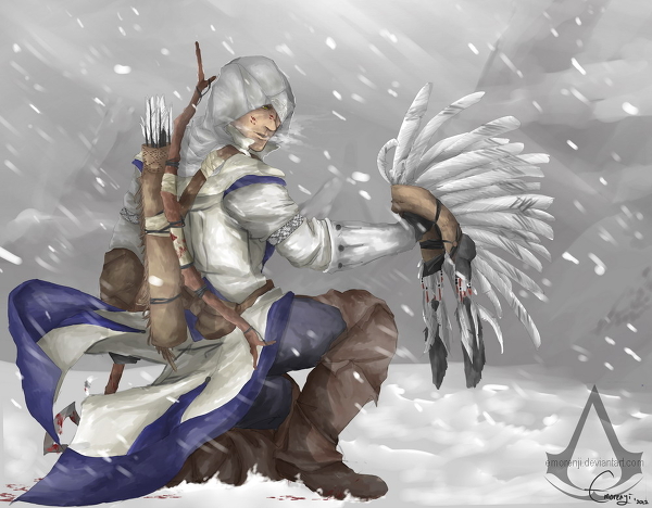 assassin's_creed, assassin's_creed_(series), assassin's_creed_iii, blood, bow_(weapon), coat, connor_(assassin's_creed), gloves, hood, image_sample, orenjimaru, pixiv_sample, quiver, resized, snow, tomahawk, weapon