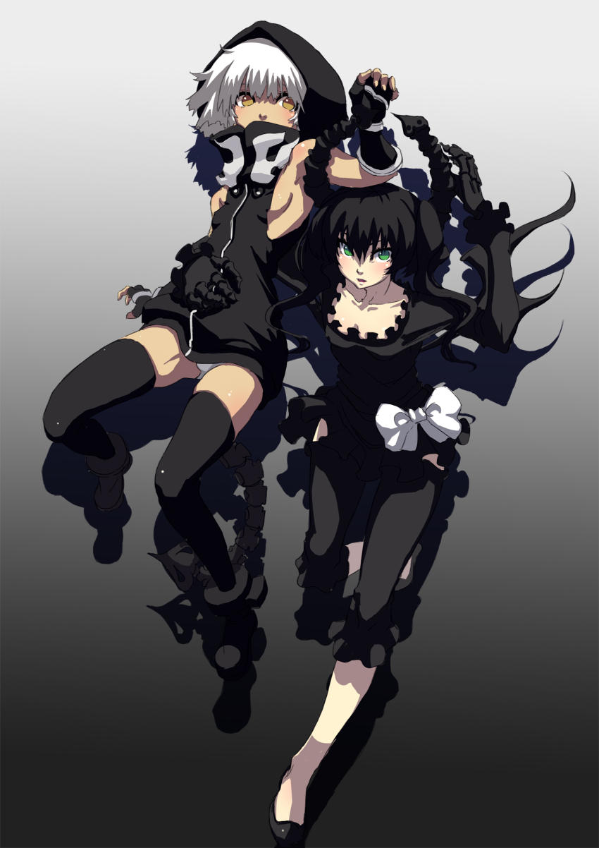 10s, 2girls, bad_id, bad_pixiv_id, black_hair, black_leggings, black_rock_shooter, capri_pants