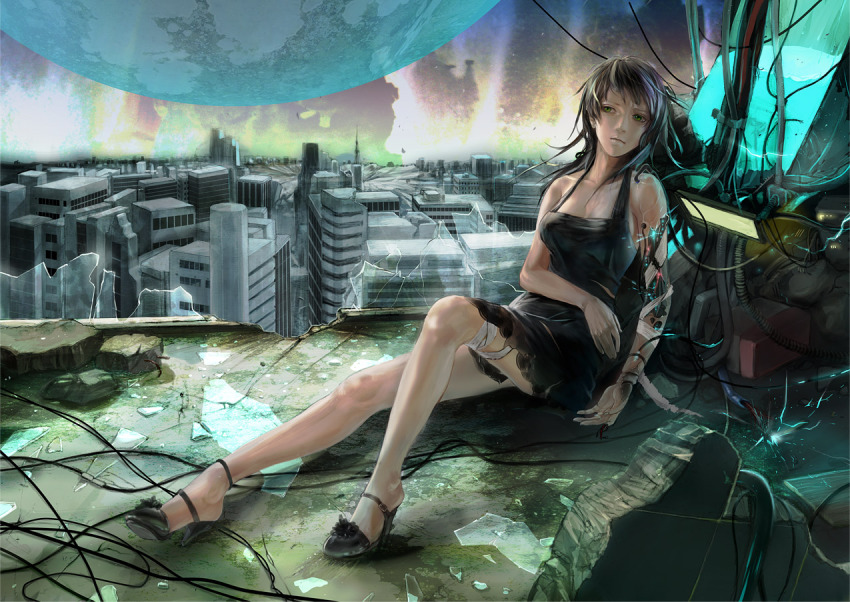 1girl, 8981, android, bad_id, bad_pixiv_id, black_hair, broken_glass, cityscape
