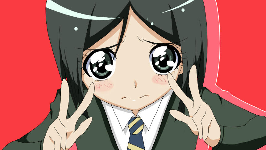 1boy, black_eyes, black_hair, bob_cut, cure_peace_pose, fate/zero, fate_(series), gantaiboy, male_focus, necktie, parted_bangs, simple_background, solo, trap, waver_velvet