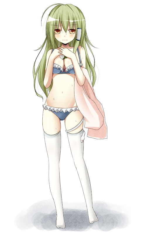 1girl, bad_id, bad_pixiv_id, bra, breasts, female_focus, frog, frog_hair_ornament, green_hair, hair_ornament, hair_tubes, kochiya_sanae, kyowosuke, lingerie, long_hair, navel, panties, snake, solo, thighhighs, touhou, towel, underwear, underwear_only, white_thighhighs, yellow_eyes