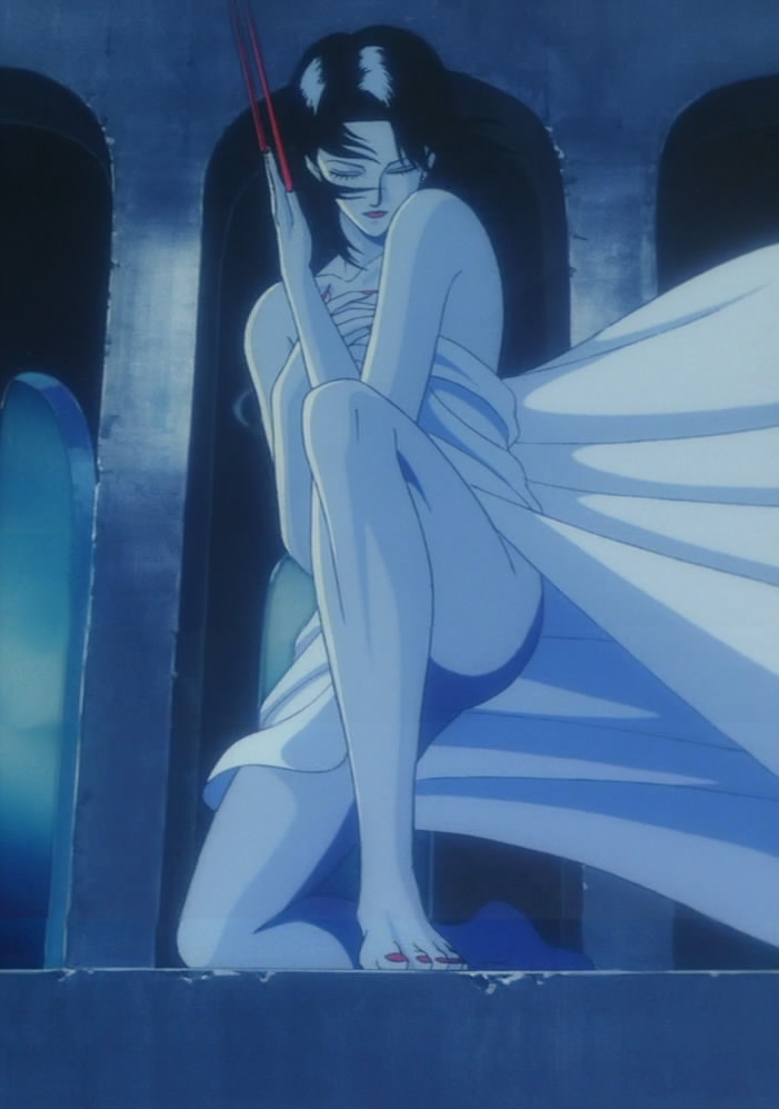 1980s_(style), 1girl, bare_shoulders, bed_sheet, closed_eyes, kawajiri_yoshiaki, makie_(youjuu_toshi), nail_polish, naked_sheet, night, nude, oldschool, retro_artstyle, screencap, tagme, toenail_polish, toenails, youjuu_toshi