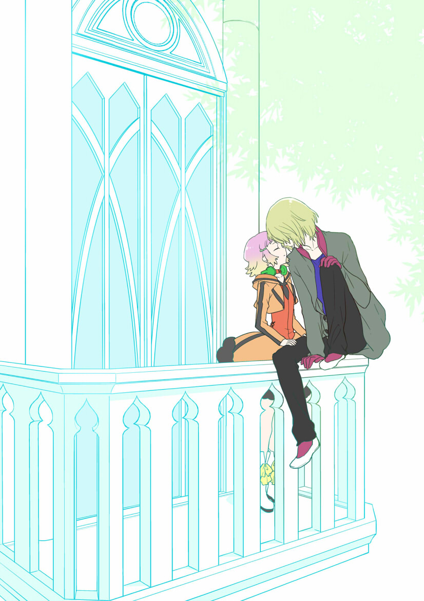 10s, 1boy, 1girl, aquarion_(series), aquarion_evol, bad_id, bad_pixiv_id, balcony