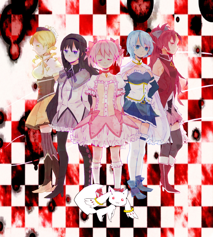 10s, 5girls, akemi_homura, akemi_homura_(magical_girl), bad_id, bad_pixiv_id, black_hair, blonde_hair