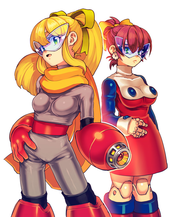 2girls, android, arm_cannon, blonde_hair, blue-tinted_eyewear, blue-tinted_glasses, blue_eyes, boots, bow, brown_hair, cameltoe, capcom, cosplay, costume_switch, doll_joints, dress, earrings, gender_request, genderswap, genderswap_(mtf), gloves, hair_bow, hand_on_own_hip, hip_focus, jewelry, joints, knee_boots, mega_man_(classic), mega_man_(series), multiple_girls, ponytail, proto_man, proto_man_(cosplay), red_skirt, roll_(mega_man), roll_(mega_man)_(cosplay), scarf, skin_tight, skirt, sunglasses, tinted_eyewear, turtleneck, visor, weapon, zakki