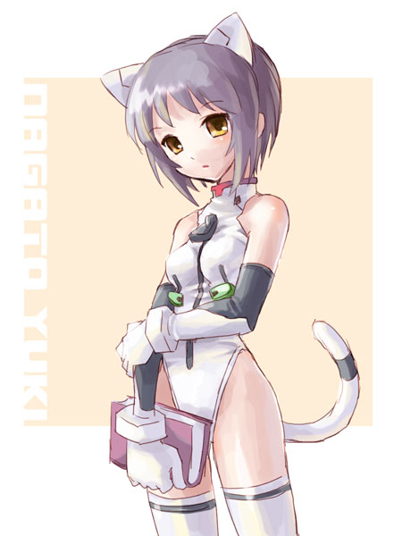 1girl, :o, adapted_costume, alternate_costume, animal_ears, ayanami_rei, ayanami_rei_(cosplay), blush, book, bracer, breasts, cat_ears, cat_tail, character_name, cosplay, cowboy_shot, elbow_gloves, fake_animal_ears, fake_tail, female_focus, from_side, gloves, grey_hair, grimrock!_mix_edition, halterneck, head_tilt, highleg, highleg_leotard, hand_on_own_arm, interface_headset_(evangelion), katahira_masashi, kemonomimi_mode, leotard, looking_at_viewer, mecha_pilot_suit, nagato_yuki, neon_genesis_evangelion, open_mouth, parody, pilot_suit, plugsuit_(evangelion), short_hair, small_breasts, solo, standing, super_plugsuit_(evangelion), suzumiya_haruhi_no_yuuutsu, tail, thighhighs, turtleneck, white_gloves, white_thighhighs, yellow_eyes