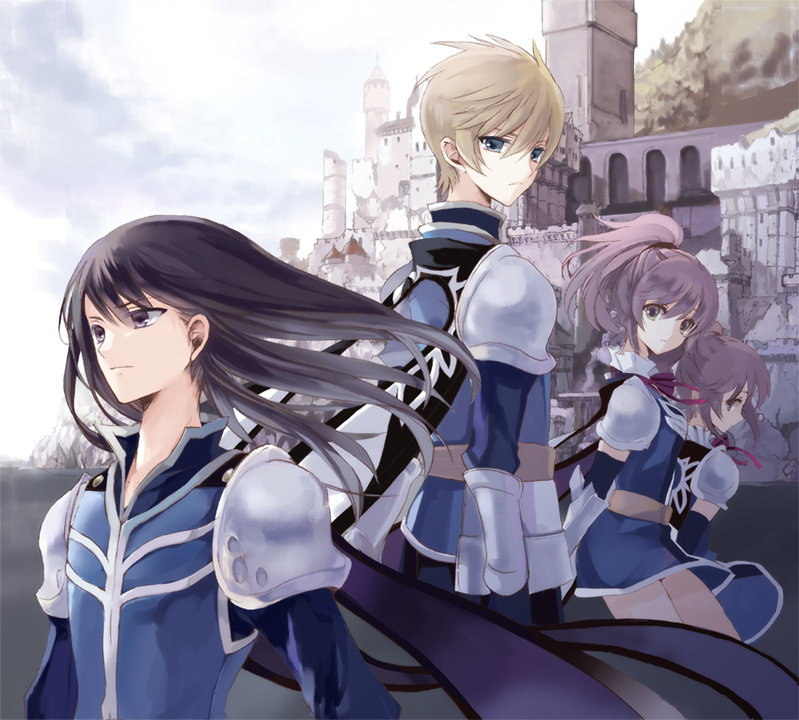 00s, 2boys, 2girls, armor, bad_id, bad_pixiv_id, black_eyes, black_hair, blonde_hair, blue_eyes, brown_hair, chastel_aiheap, cierra_(ra-bit), expressionless, flynn_scifo, flynn_scifo_(fedrock_knight's_honor), hisca_aiheap, long_hair, multiple_boys, multiple_girls, official_alternate_costume, ponytail, ra-bit, short_hair, siblings, sisters, skirt, tales_of_(series), tales_of_vesperia, tales_of_vesperia:_the_first_strike, twins, yuri_lowell