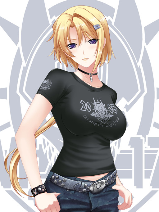 1girl, belt, blonde_hair, bracelet, choker, denim, ellen_aice, english_text, fashion, hair_ornament, hairclip, insignia, jeans, jewelry, looking_at_viewer, military, miyata_sou, muv-luv, muv-luv_alternative, muv-luv_unlimited:_the_day_after, necklace, pants, parted_lips, purple_eyes, shirt, short_hair, taut_clothes, taut_shirt