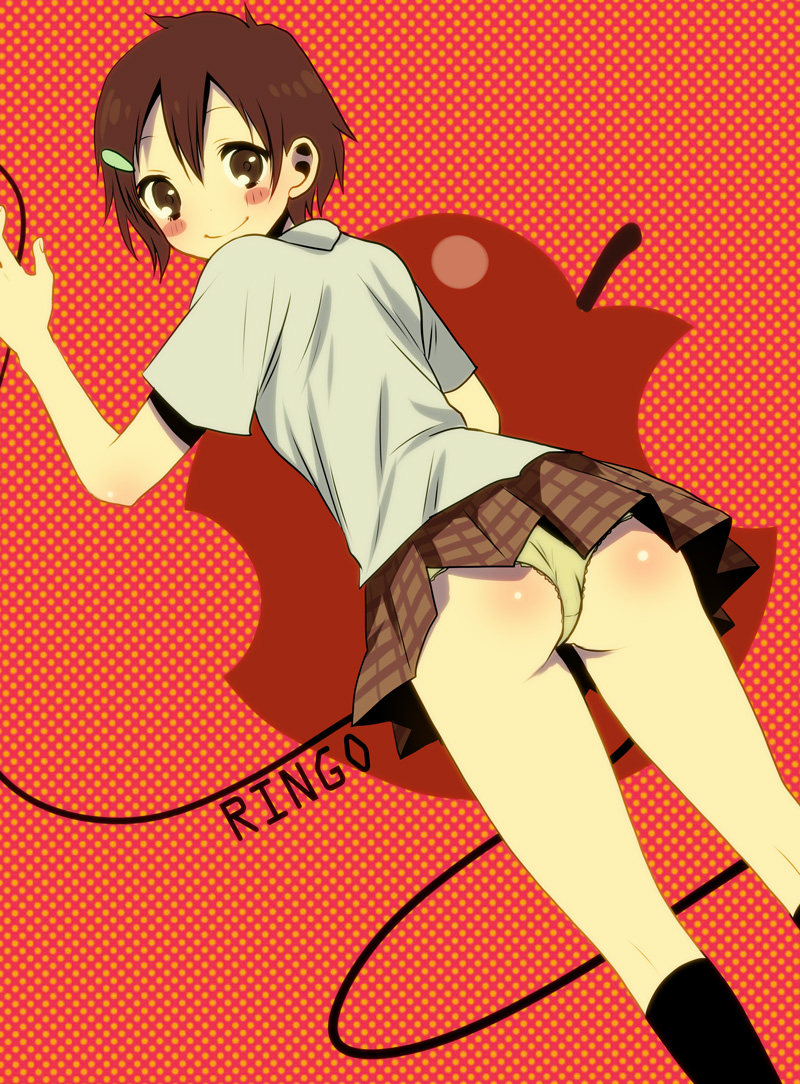 1girl, apple, bad_id, bad_pixiv_id, blush_stickers, brown_eyes, brown_hair, cyonmage