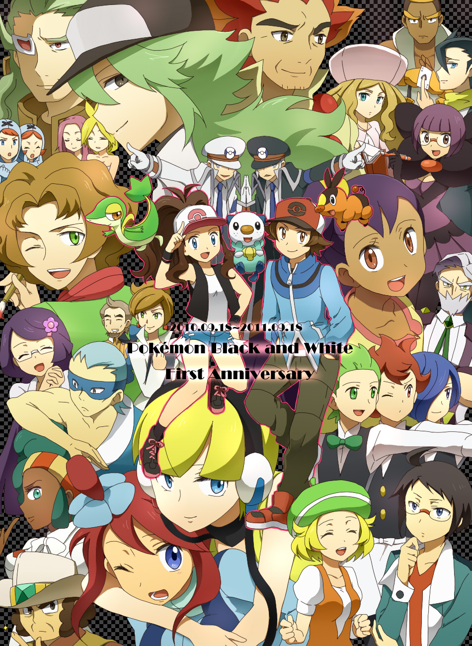 10s, 6+boys, 6+girls, alder_(pokemon), aldith_(pokemon), anniversary, anthea_(pokemon), professor_juniper, baseball_cap, beard, bianca_(pokemon), bow, bowtie, brad_(pokemon), brycen_(pokemon), burgh_(pokemon), caitlin_(pokemon), card, cedric_juniper, cheren_(pokemon), chili_(pokemon), cilan_(pokemon), clay_(pokemon), concordia_(pokemon), cowboy_hat, cress_(pokemon), denim, denim_shorts, drayden_(pokemon), elesa_(pokemon), elite_four, emmet_(pokemon), english_text, facial_hair, fennel_(pokemon), flower, gen_5_pokemon, ghetsis_(pokemon), glasses, gloves, grimsley_(pokemon), gym_leader, hair_flower, hair_ornament, hands_in_pockets, hat, highres, hilbert_(pokemon), hilda_(pokemon), holding, holding_card, ingo_(pokemon), iris_(pokemon), jacket, lenora_(pokemon), looking_at_viewer, marshal_(pokemon), mask, multiple_boys, multiple_girls, n_(pokemon), nanananona, nintendo, one_eye_closed, oshawott, peaked_cap, pointing, pokemon, pokemon_(creature), pokemon_black_and_white, shauntal_(pokemon), shorts, skyla_(pokemon), smile, snivy, starter_pokemon_trio, team_plasma, team_plasma_grunt, tepig, traditional_bowtie, vest, wink
