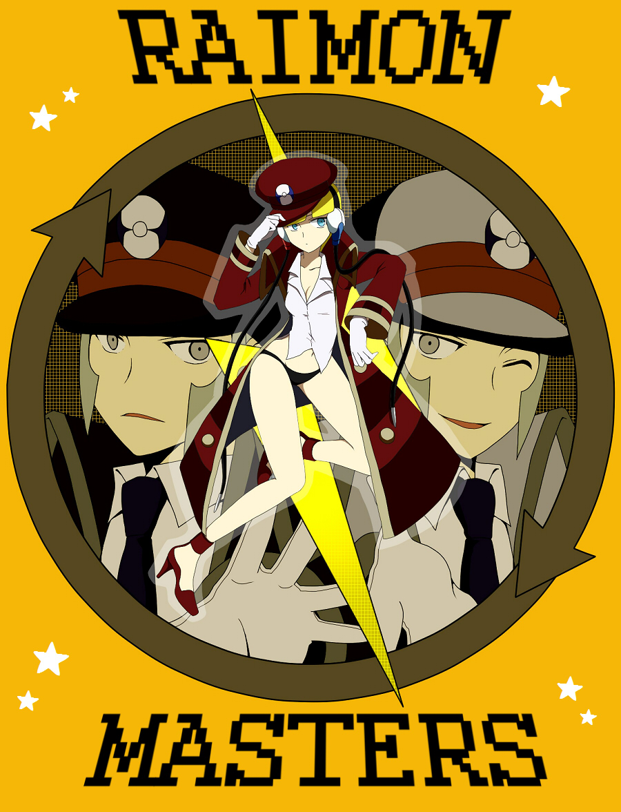 10s, 1girl, 2boys, adjusting_clothes, adjusting_headwear, alternate_costume, arrow_(symbol), bare_legs