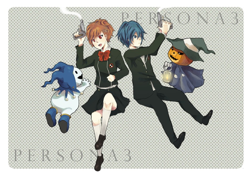 1boy, 1girl, atlus, blue_eyes, blue_hair, bow, brown_hair, demon_(megami_tensei)