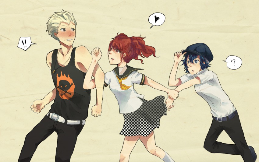 !, 1boy, 2girls, atlus, bare_shoulders, belt, blue_hair, newsboy_cap, checkered_clothes, checkered_skirt, hat, kneehighs, kujikawa_rise, multiple_girls, neckerchief, nilam_sari, nilampwns, persona, persona_4, school_uniform, shirogane_naoto, skirt, socks, tank_top, tatsumi_kanji, white_legwear