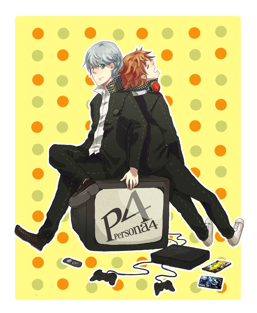 2boys, atlus, back-to-back, hanamura_yousuke, multiple_boys, narukami_yu, nilam_sari, nilampwns