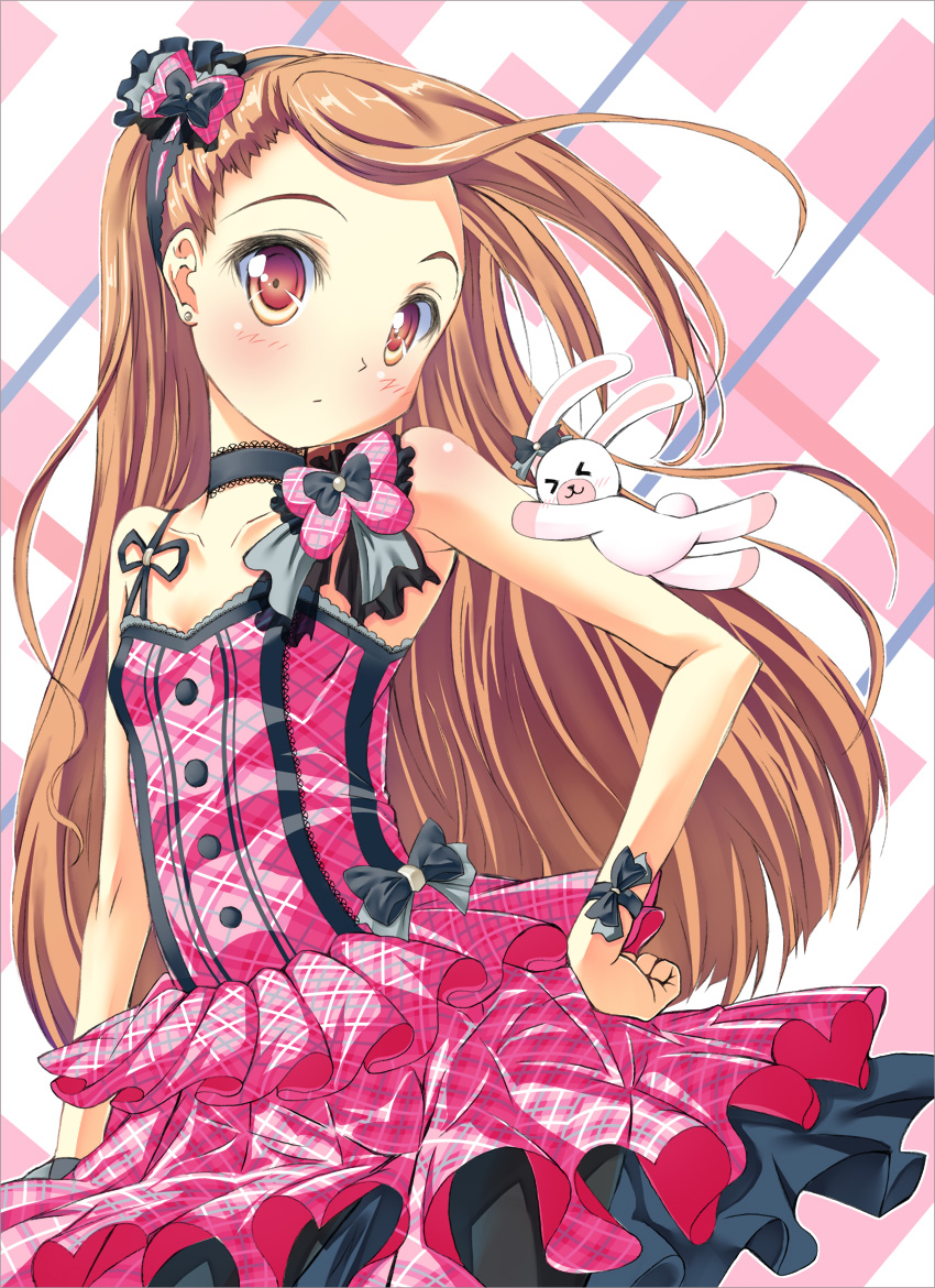 >_<, 10s, 1girl, :3, border, bow, brown_eyes, brown_hair, choker, closed_eyes, dress, earrings, female_focus, hairband, hand_on_own_hip, hip_focus, idolmaster, idolmaster_(classic), idolmaster_2, jewelry, long_hair, minase_iori, momo_at_ten, plaid_background, plaid_clothes, plaid_dress, rabbit, solo, stud_earrings, stuffed_animal, stuffed_rabbit, stuffed_toy