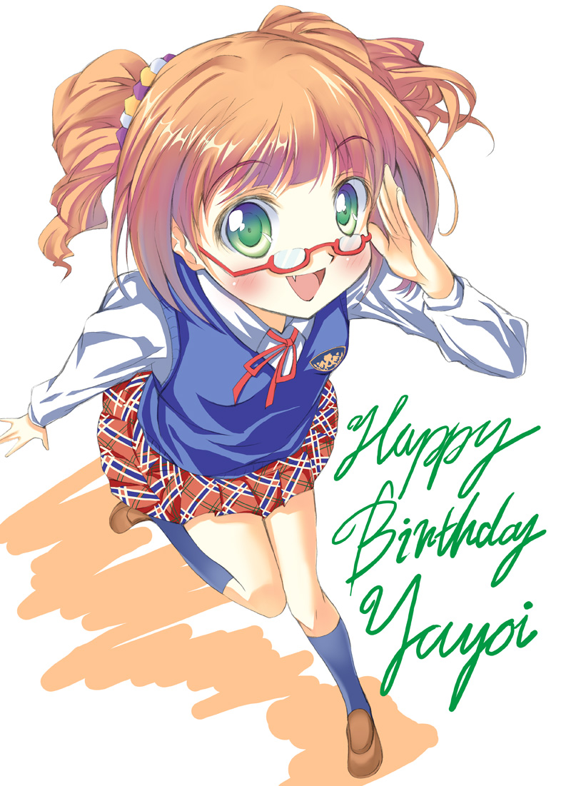 10s, 1girl, :d, brown_hair, character_name, fang, female_focus, glasses